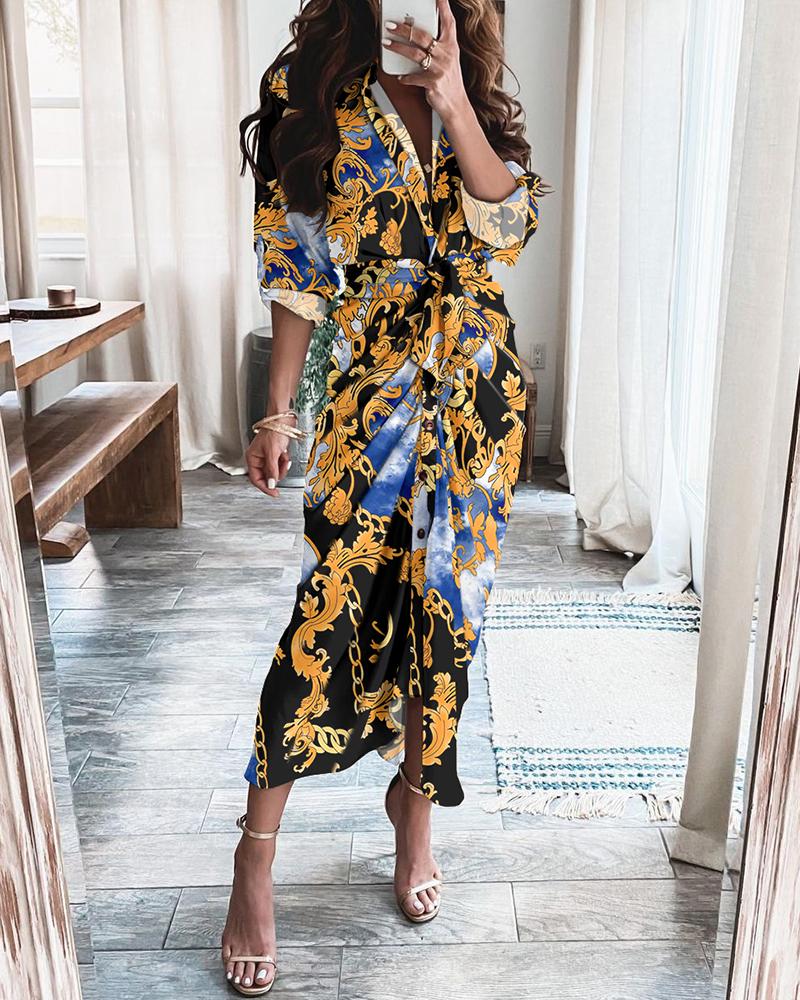

Scarf Print Button Self Tie Casual Shirt Dress, Multicolor