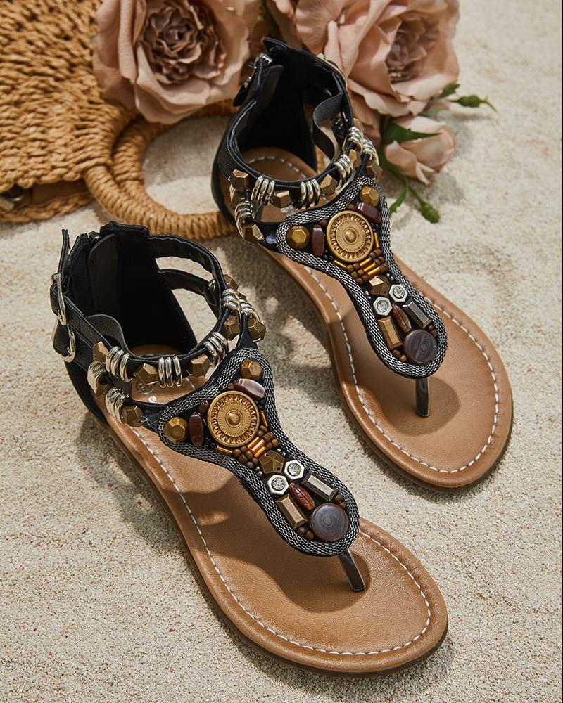 

Tribal Pattern Studded Post Toe Slippers, Black