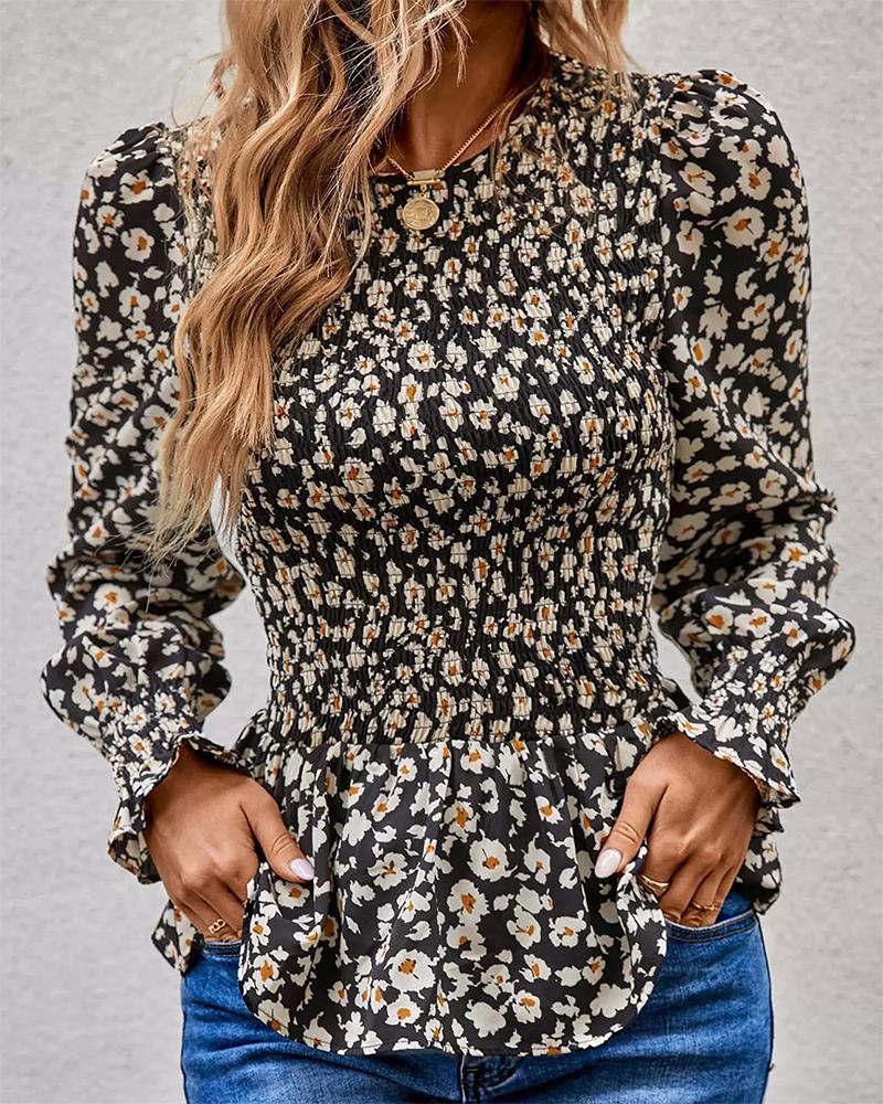 

Ditsy Floral Print Shirred Slim Waist Top, Leopard