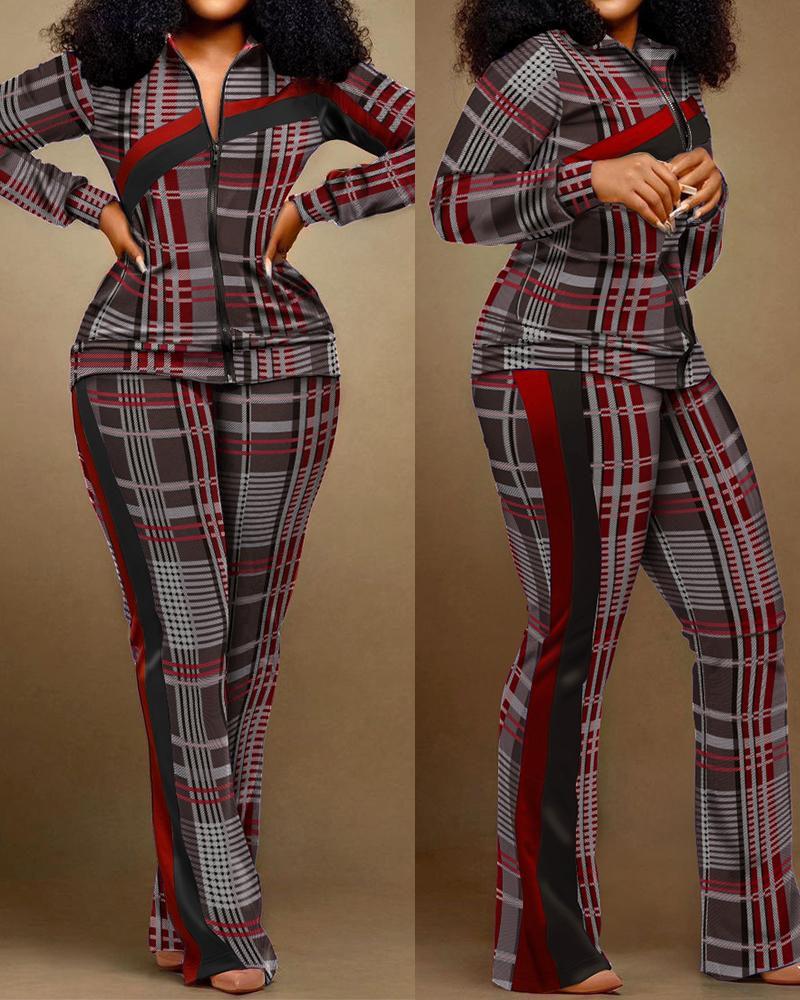 

Plus Size Plaid Print Zip Up Top & Pants Set, Wine red