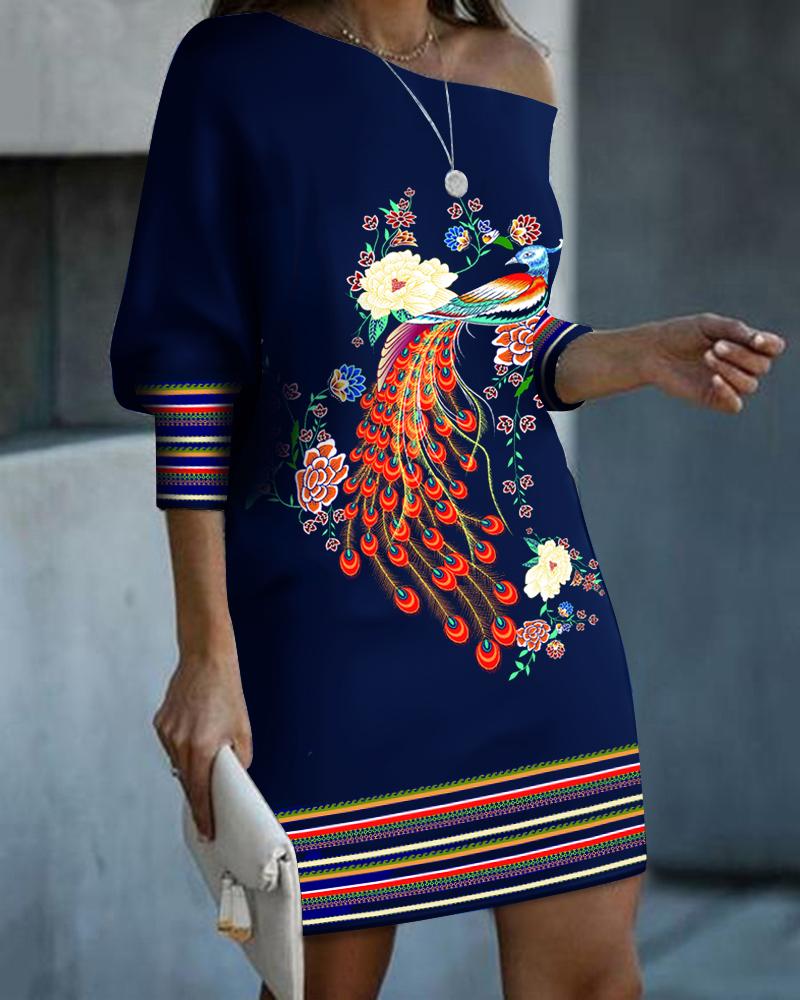 

Peacock Floral Print Batwing Sleeve Dress, Purplish blue