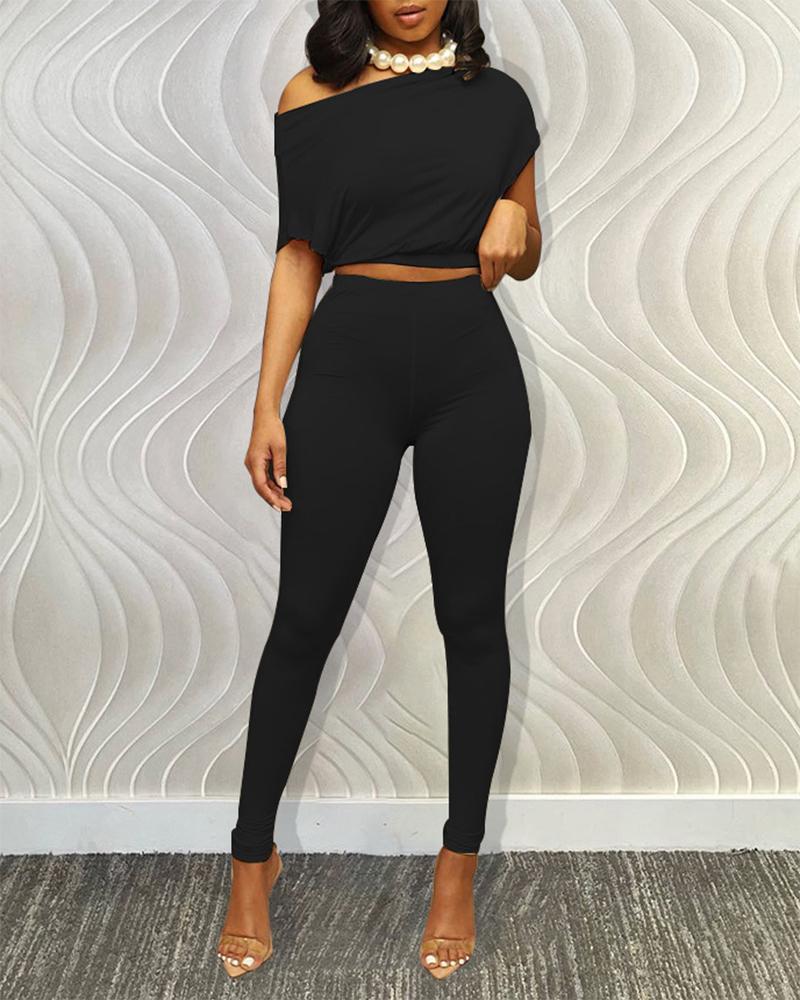 

Slash Neck Short Sleeve Top & High Waist Pants Set, Black