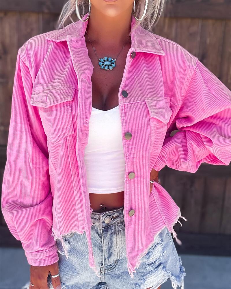 

Corduroy Distressed Long Sleeve Buttoned Shacket, Pink