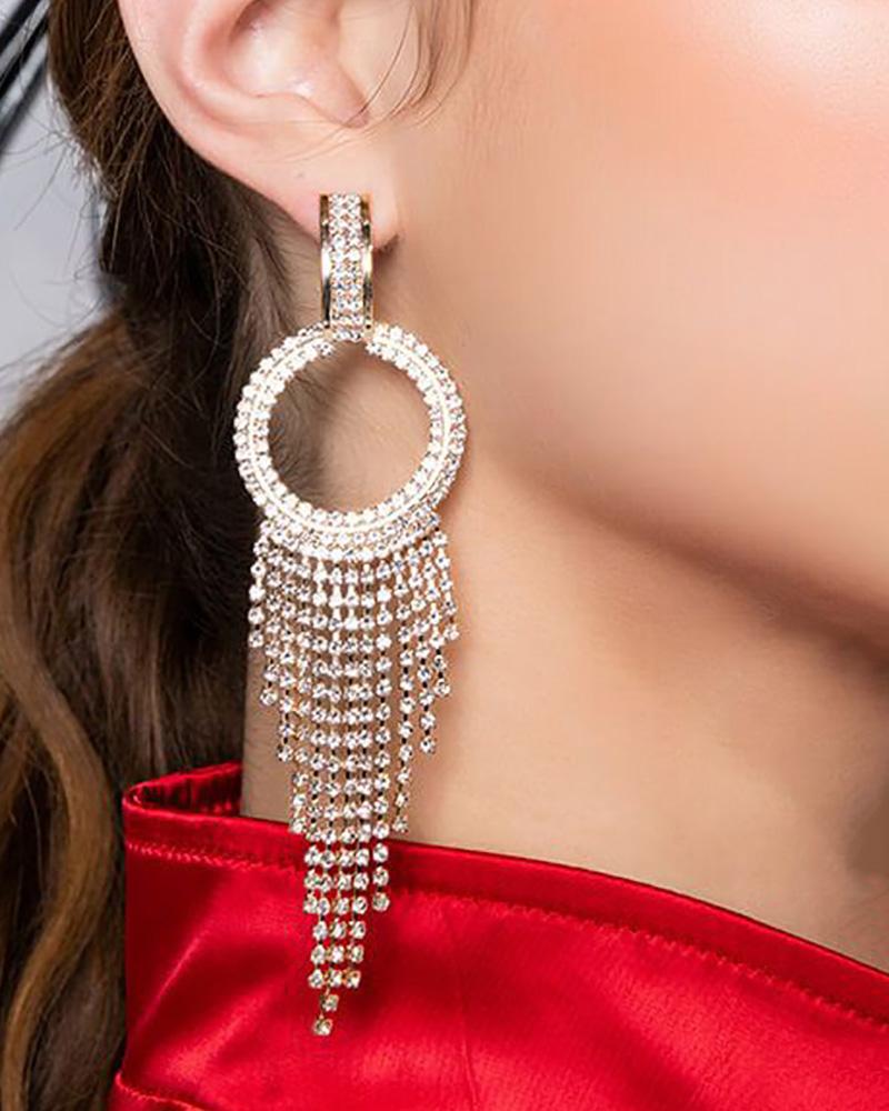 

Round Shaped Rhinestone Tassel Design Drop Earrings, Gold