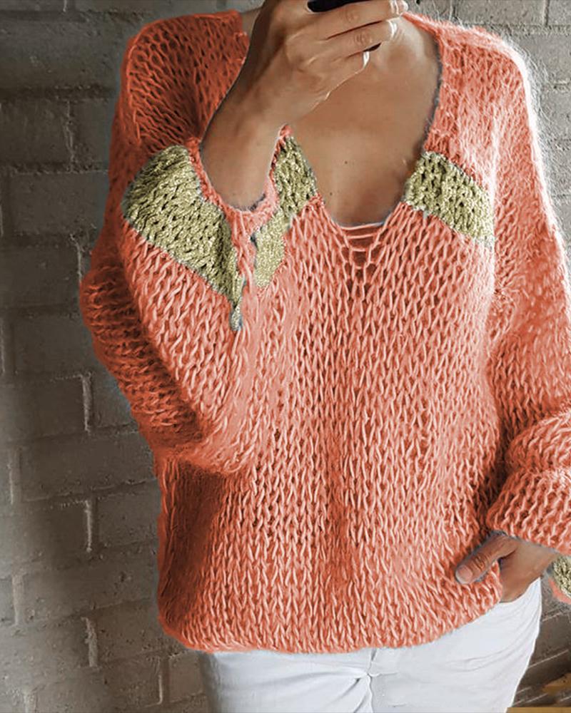 

Color Block V-Neck Long Sleeve Sweater, Pink