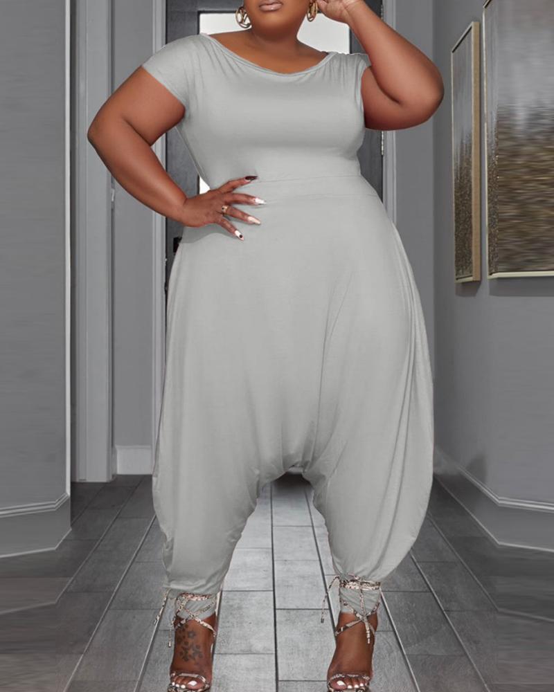 

Plus Size Short Sleeve Harem Cuffed Jumpsuit, Gray