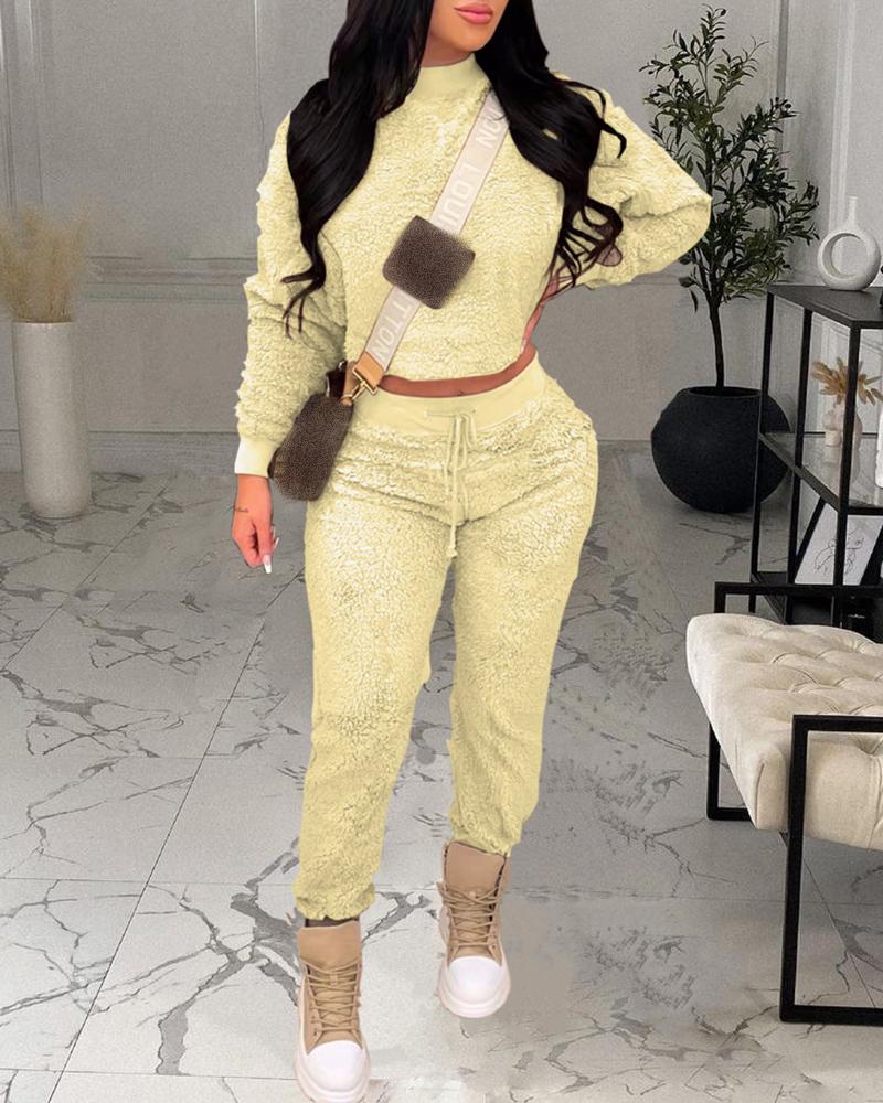 

Long Sleeve Fluffy Top & Drawstring Pants Set, Yellow