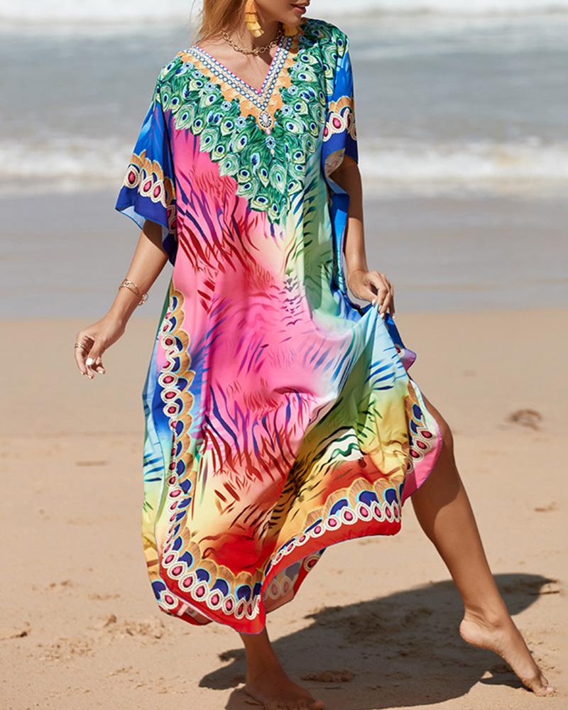 

Peacock Tie Dye Print Batwing Sleeve Slit Cover Up Dress, Red
