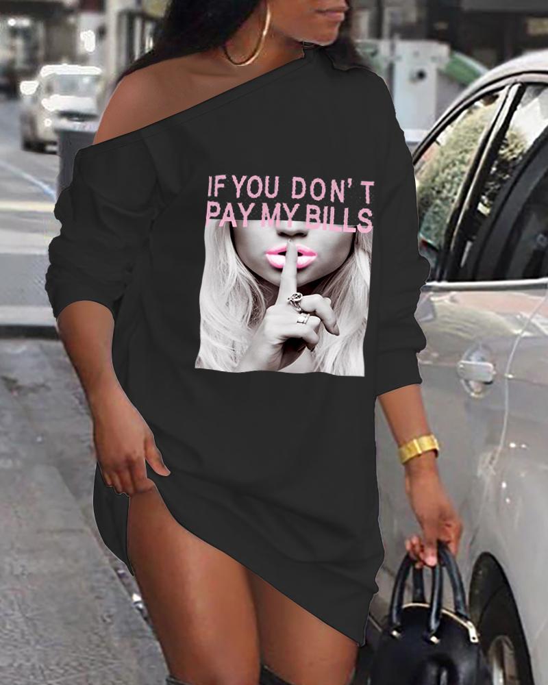 

If You Don't Pay My Bills Slogan Print Long Sleeve Casual Dress, Black