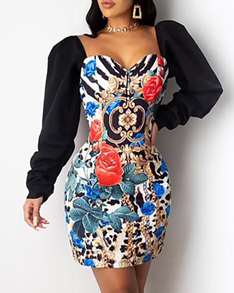 

Floral Print Puffed Sleeve Dress, Multicolor