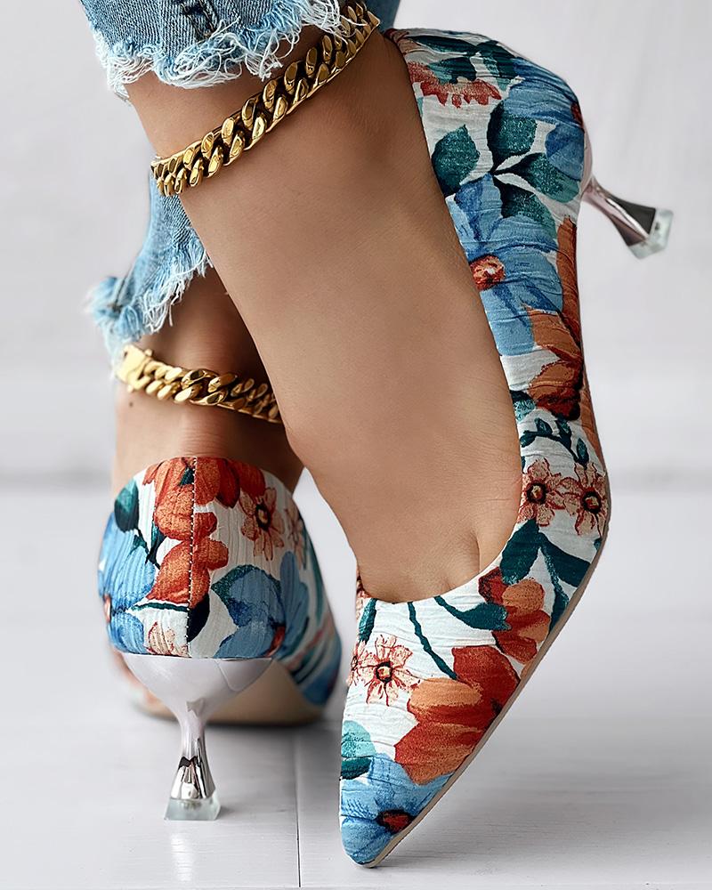 

Floral Print Pyramid Heel Pumps, Multicolor