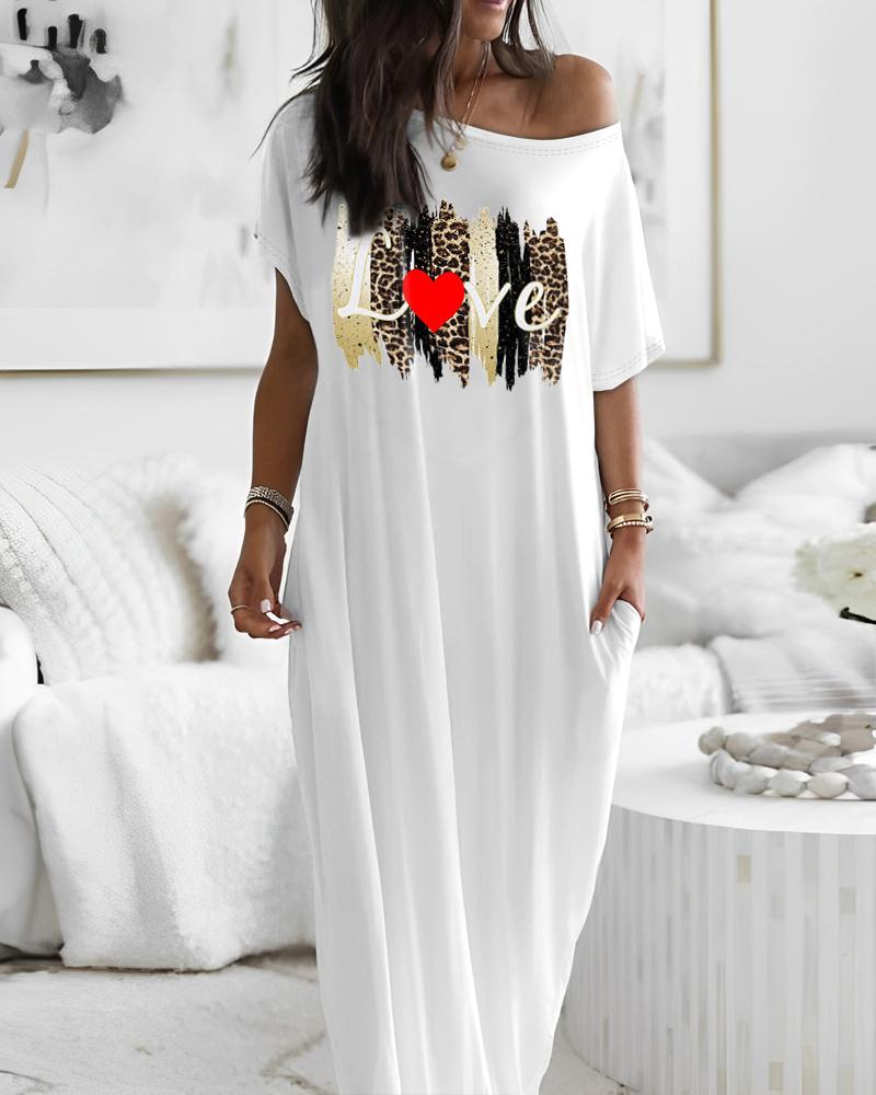 

Love Leopard Heart Print Round Neck Casual Dress, White