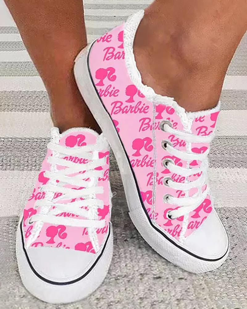 

Barbie Figure Letter Raw Hem Lace-up Sneakers, Pink