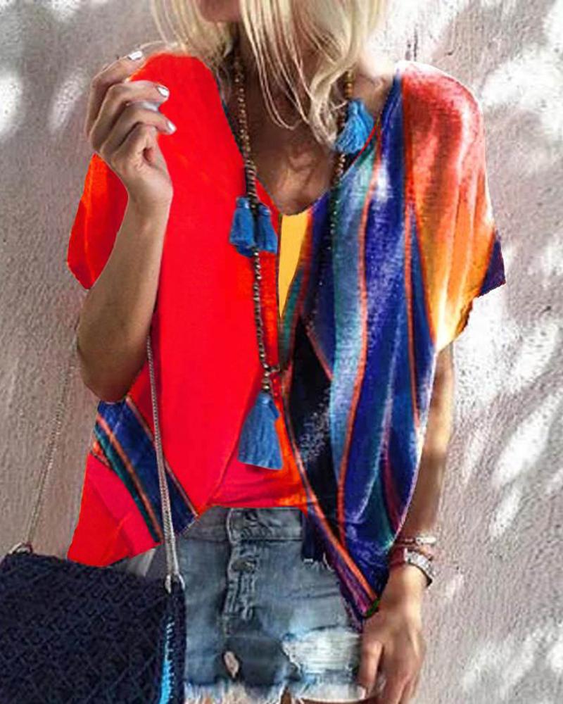 

V Neck Colorblock Short Sleeve T-Shirt, Red