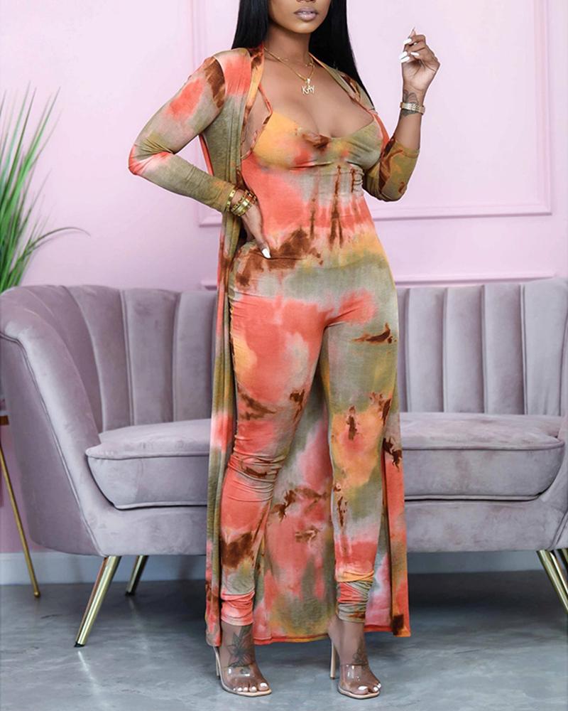 

Tie Dye Halter Jumpsuit With Longline Cardigan Set, Multicolor