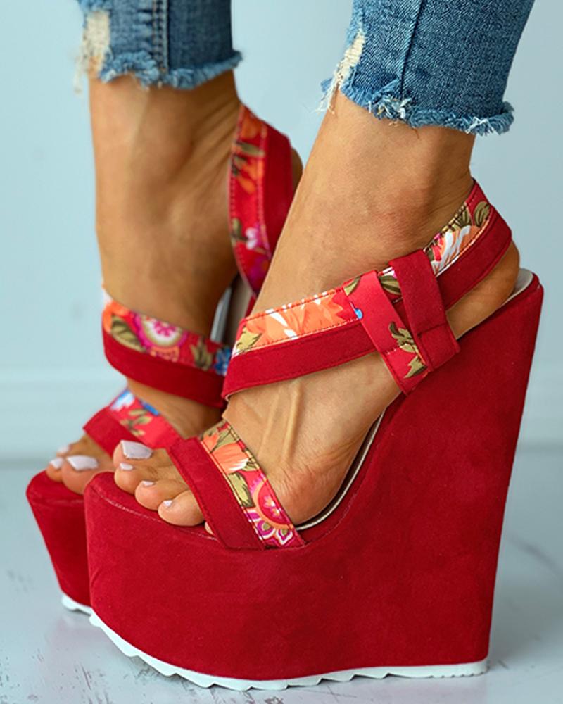 

Floral Print Colorblock Slingback Wedge Sandals, Red