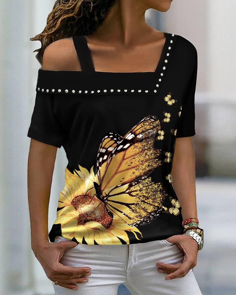 

Sunflower Butterfly Print Cold Shoulder Top, Black