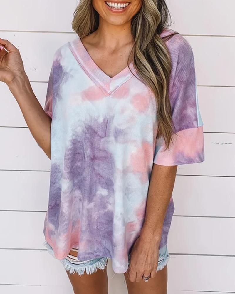

Tie Dye Print V-neck Casual T-shirt, Purple