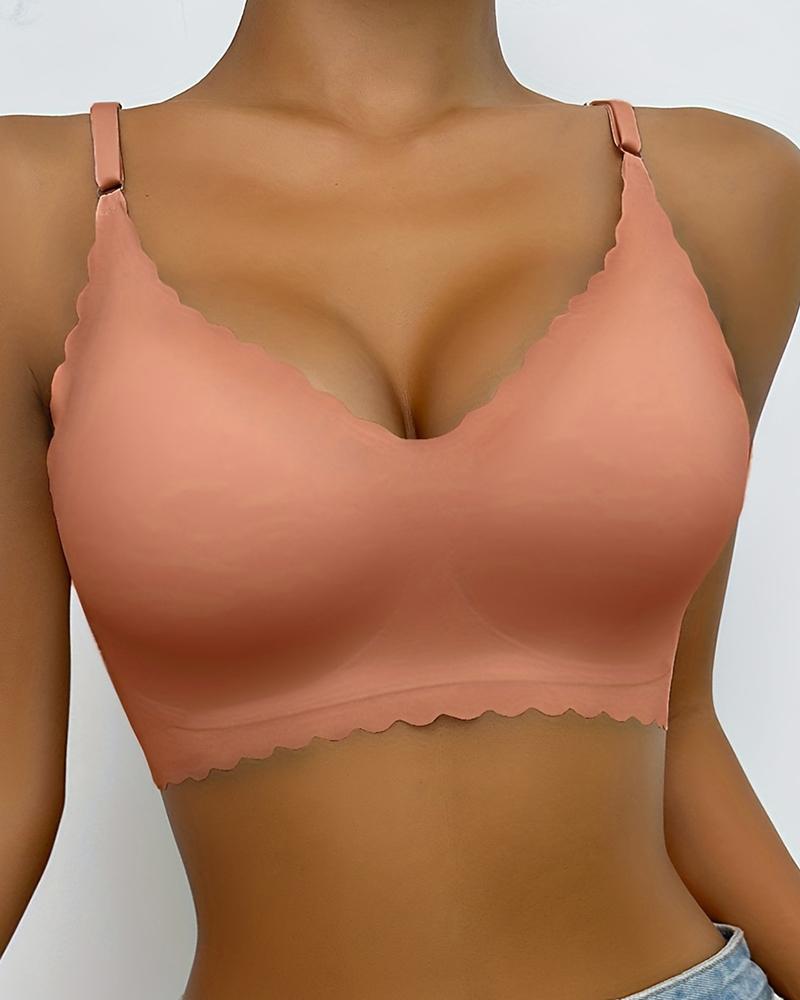 

Scallop Trim Wireless Bra Comfortable Seamless Intimates Bralette, Pink