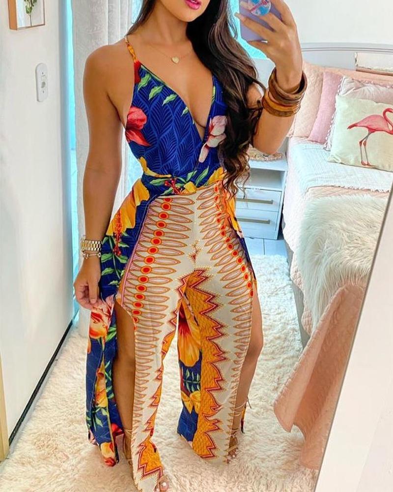 

All Over Print Sling Skinny Waist Slit Jumpsuits, Multicolor