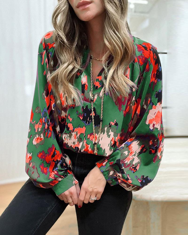 

Abstract Print Lantern Sleeve Top, Green