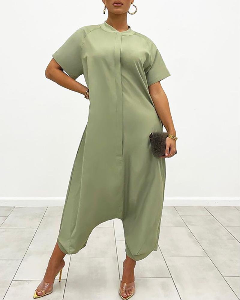 

O Neck Short Sleeve Casual Harem Jumpsuit, Green