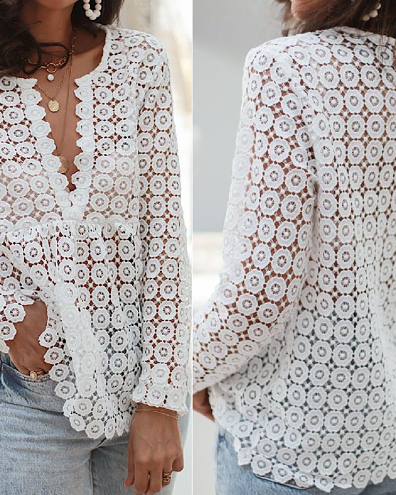

V-Cut Long Sleeve Guipure Lace Top, White