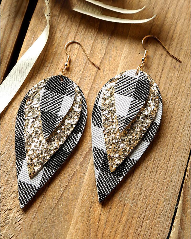

Christmas Leaf Shaped Plaid Print PU Leather Sequins Drop Earrings, Style4