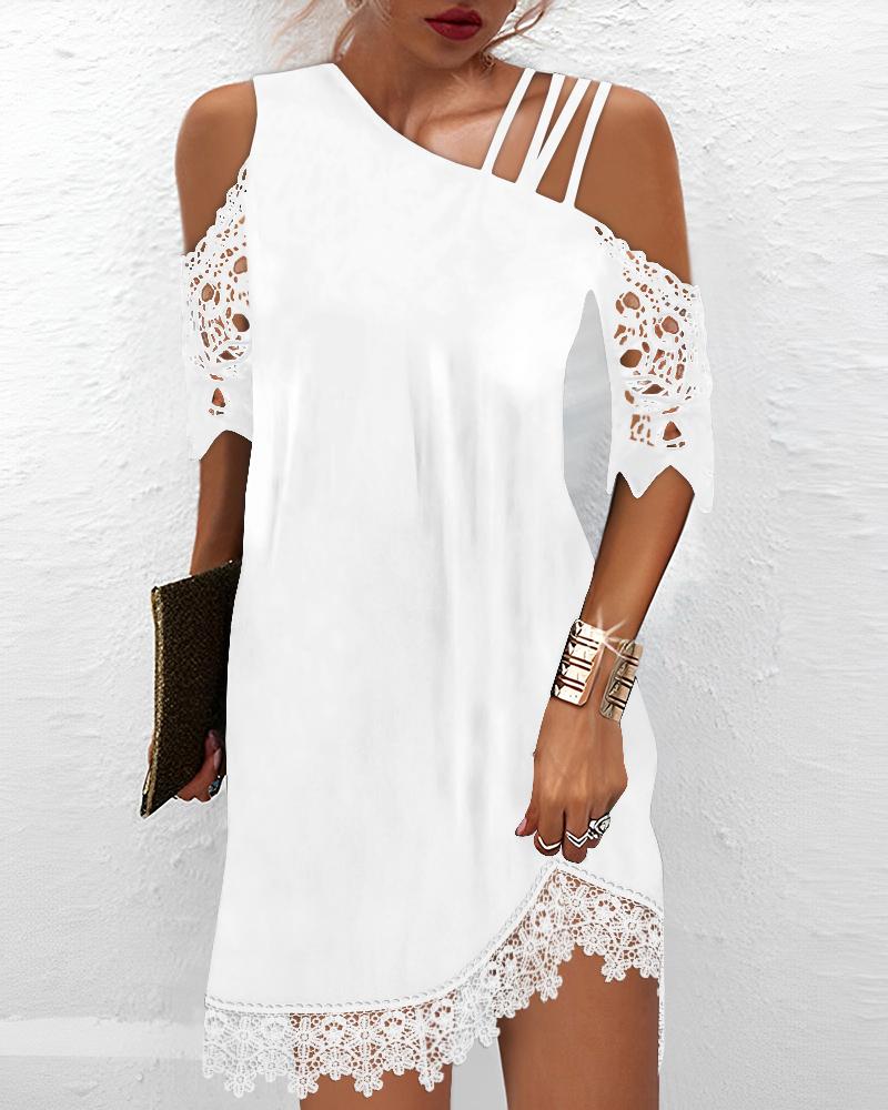 

Contrast Lace Cold Shoulder Casual Dress, White