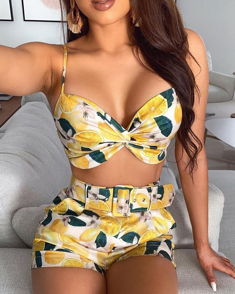 

Fruits Print Crop Top & Short Sets, Yellow