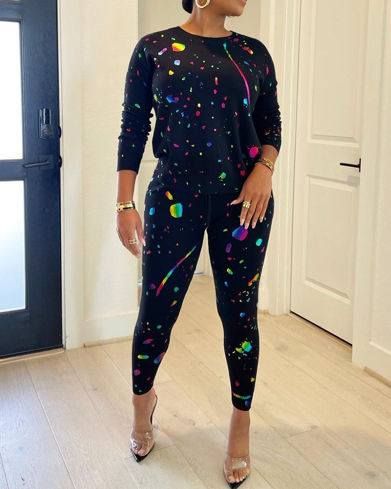 

Ink Splash Long Sleeve Casual Top & Pants Set, Black