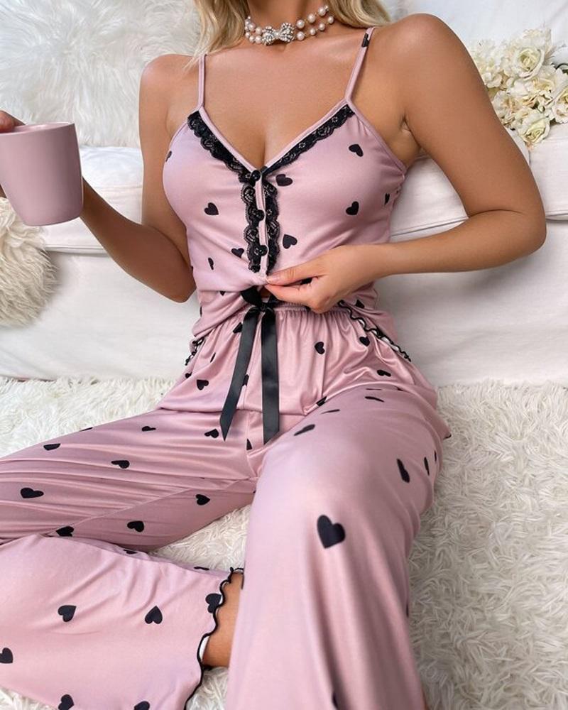 

Heart Print Lace Patch Cami Set, Pink