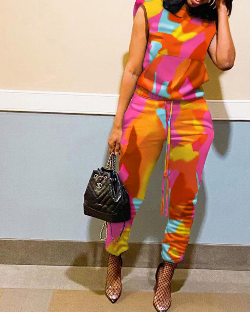 

Tie Dye Print Shoulder Pad Kangaroo Pocket Hooded Top & Drawstring Pants Set, Multicolor
