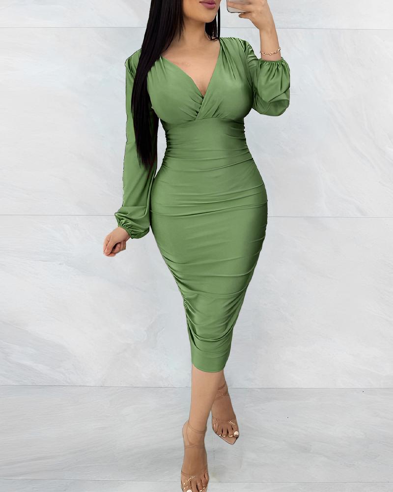 

Long Sleeve Ruched Midi Dress, Green