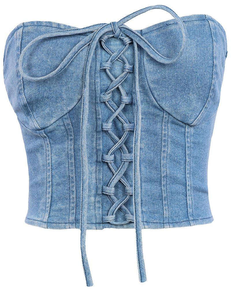 

Bandeau Lace-up Zipper Decor Denim Top, Blue