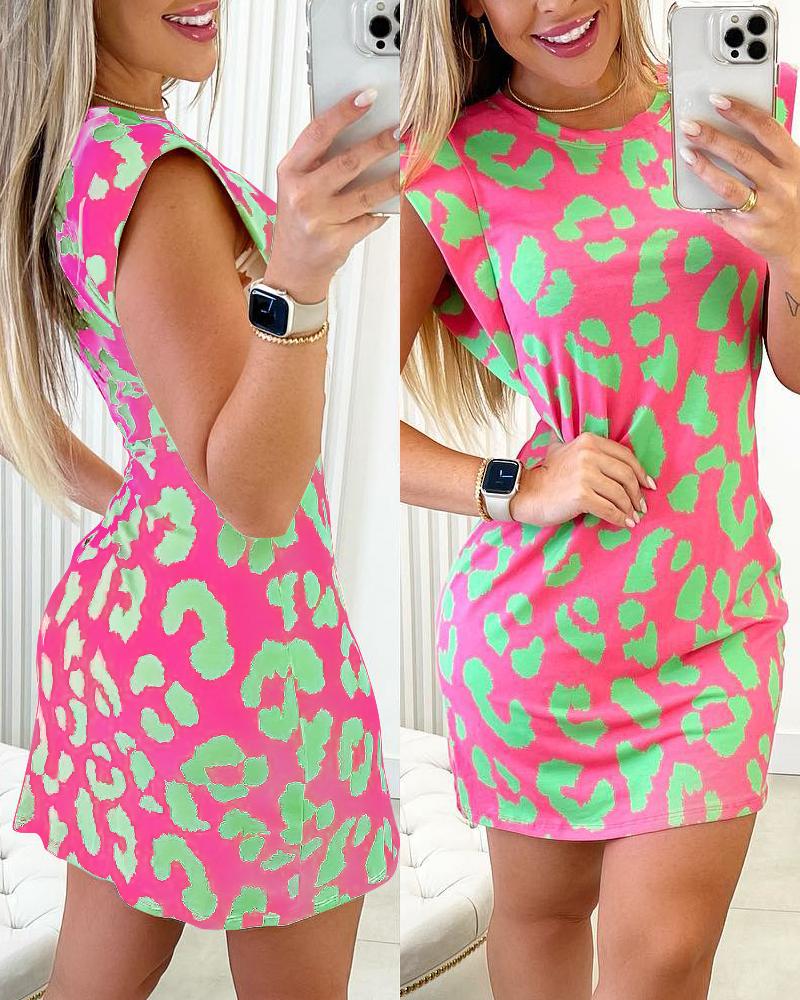 

Leopard Print Cap Sleeve Mini Dress, Pink