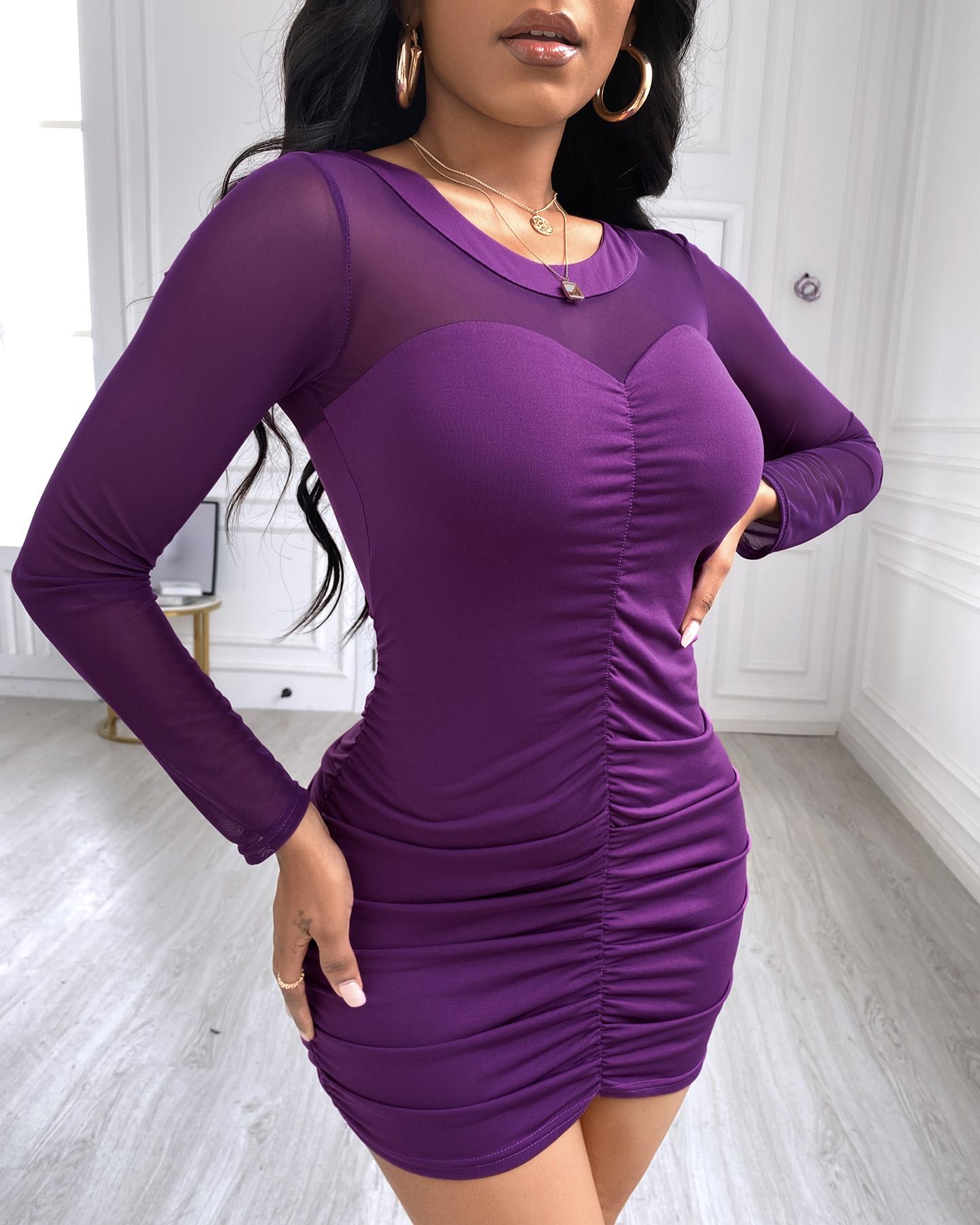 

Plain Long Sleeve Ruched Bodycon Dress, Purple