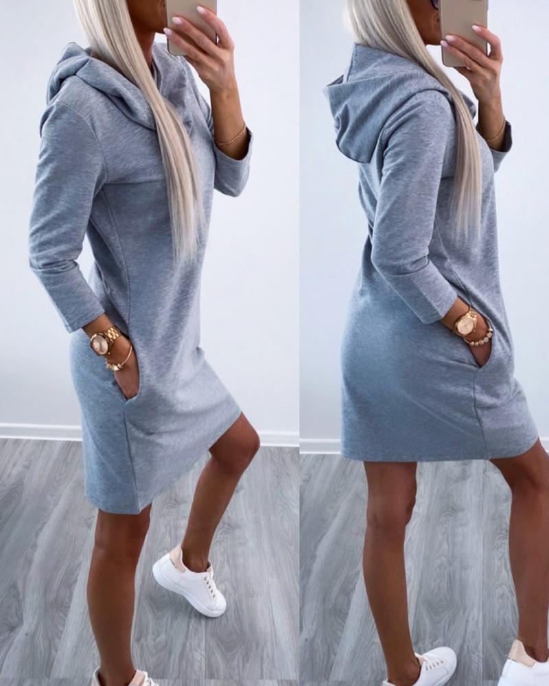 

Long Sleeve Hooded Casual Dress, Light gray