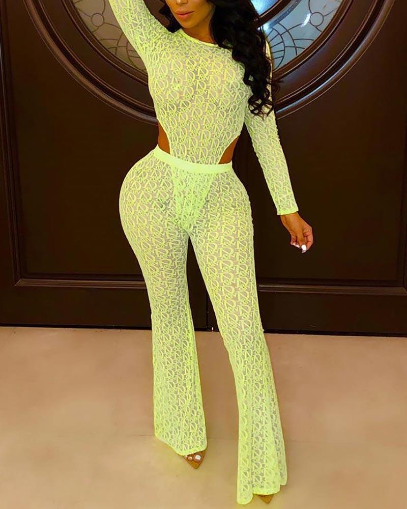 

See Through Letter Pattern Bodysuit With Pants Set, Green