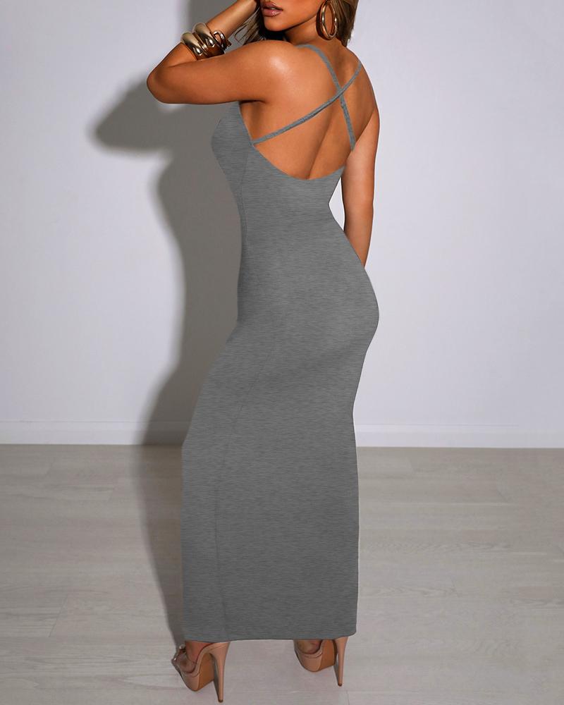 

Spaghetti Strap Crisscross Backless Bodycon Dress, Gray