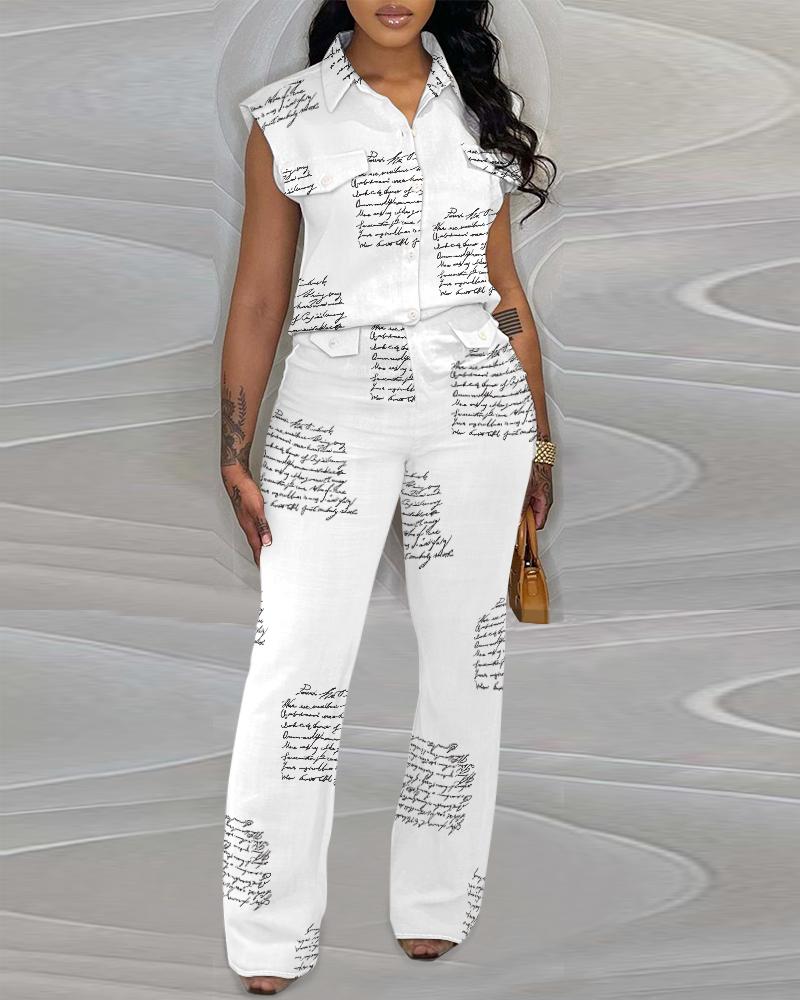 

Letter Print Pocket Design Top & Casual Pants Set, White