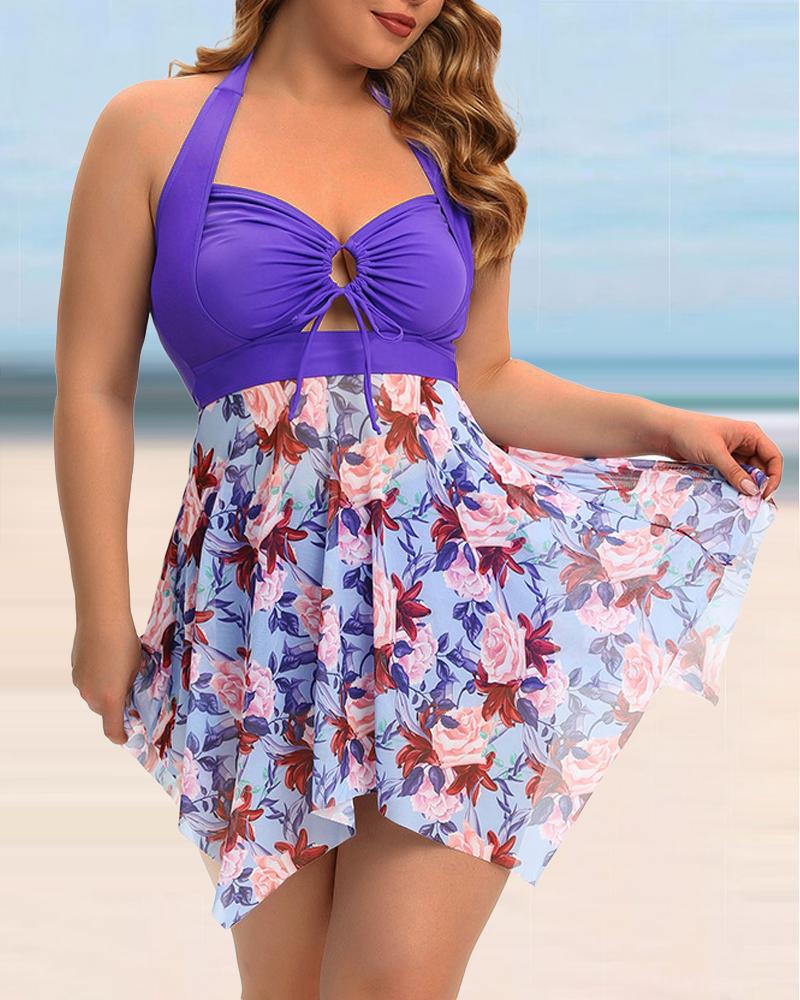 

Plus Size Tropical Print Halter Tankini Set, Purple