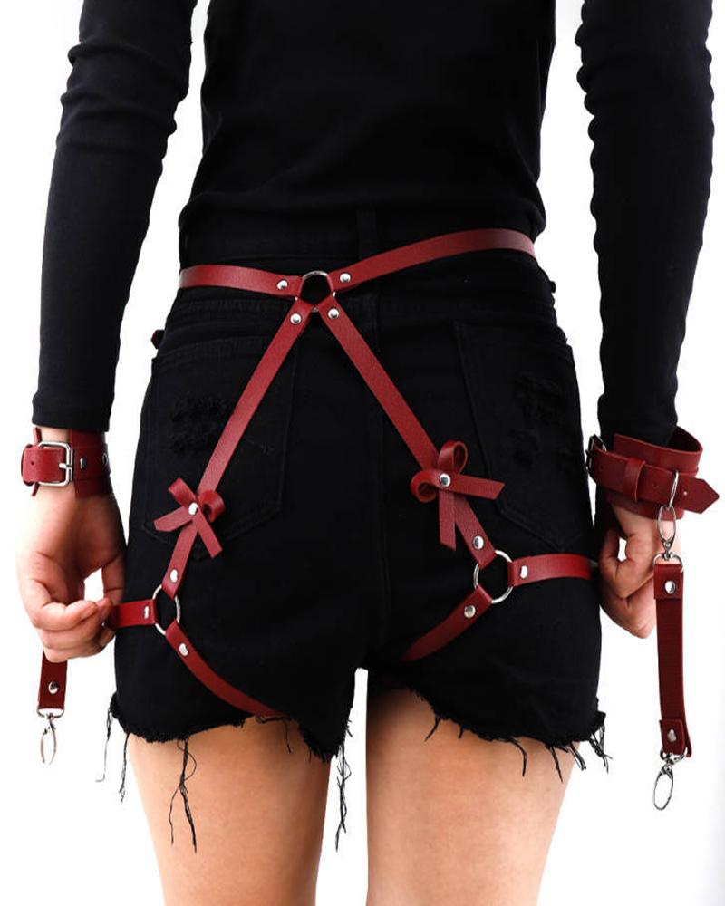 

O-Ring PU Leather Buckled Garter Belt With Hand Cuff, Style2