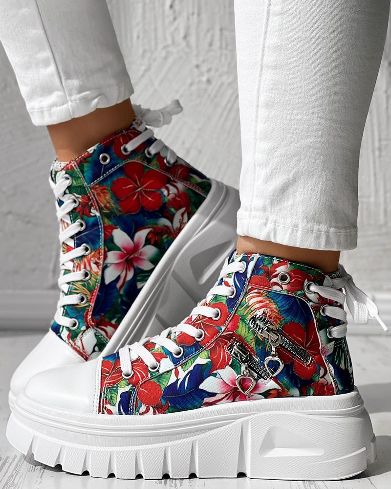 

Zipper Design Eyelet Platform Sneakers, Floral