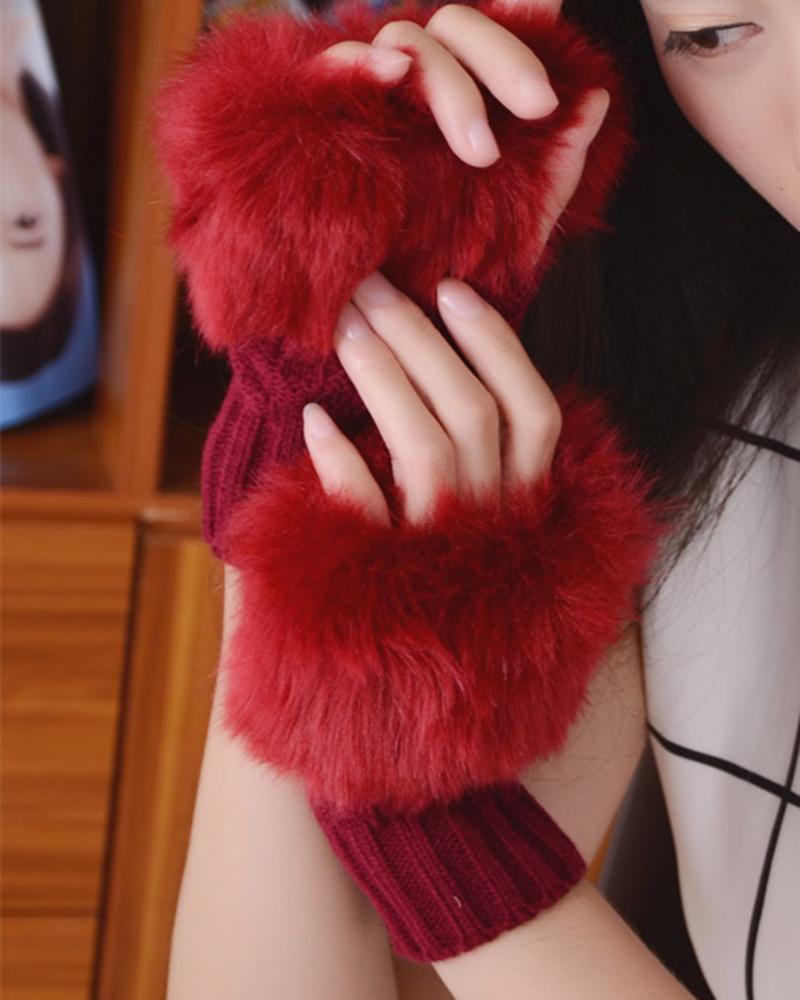 

1Pair Women's Cute Faux Fur Fingerless Gloves, Wine red