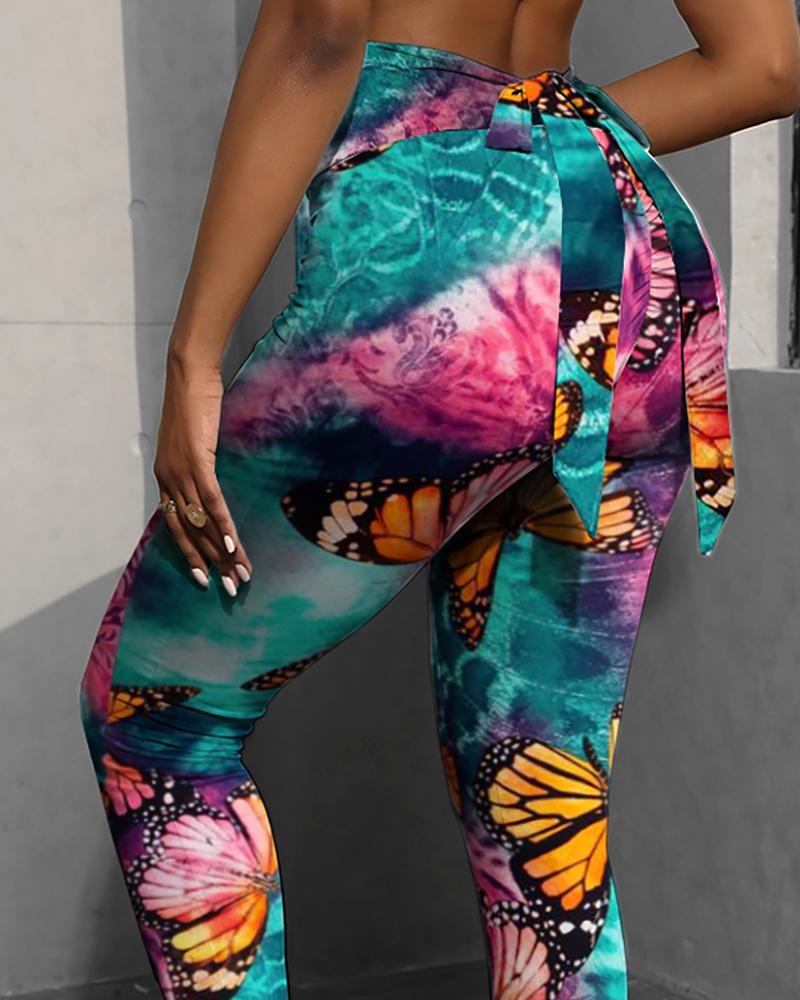 

Butterfly Tie Dye Print Bowknot Tummy Control Workout Tights Scrunch Butt Leggings, Multicolor