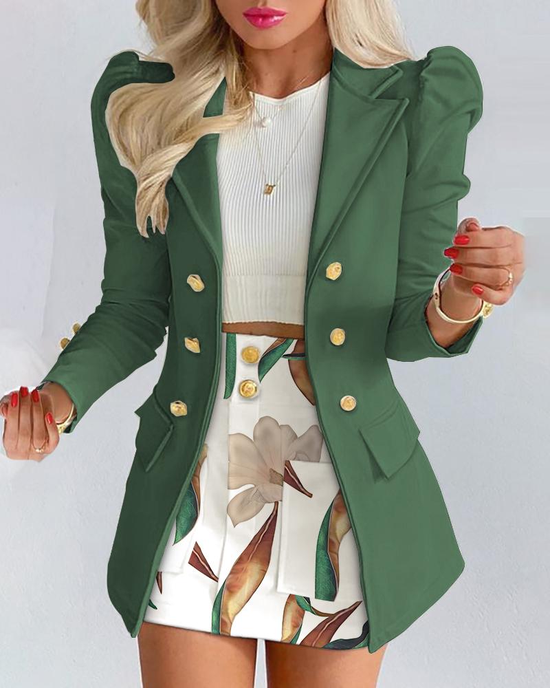 

Puff Sleeve Double Breasted Blazer & Plants Print Skirt Set, Green