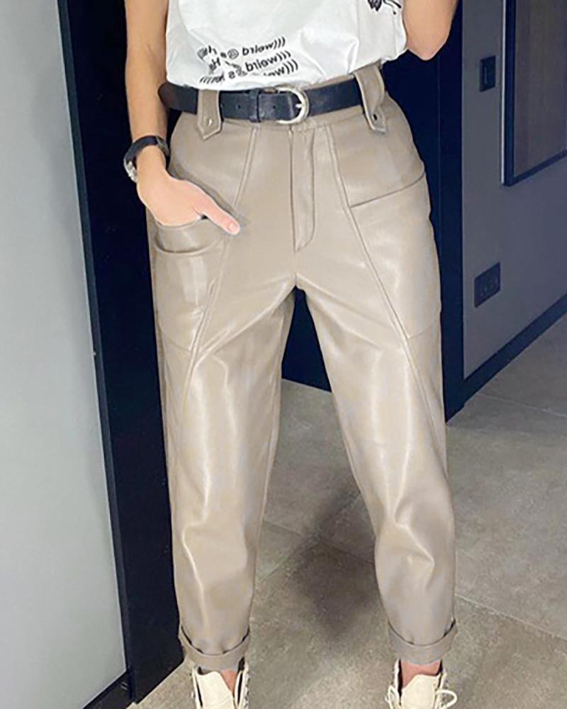 

PU Leather Pocket Design Pants, Apricot