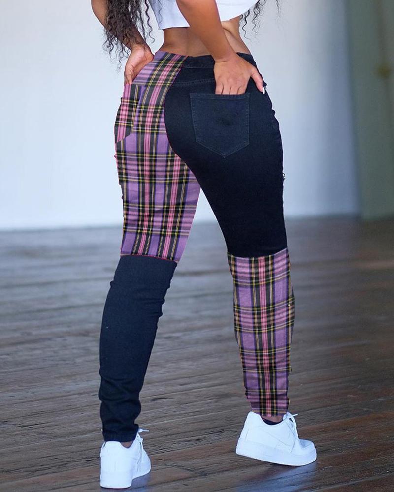 

Plaid Print Colorblock Casual Pants, Purple