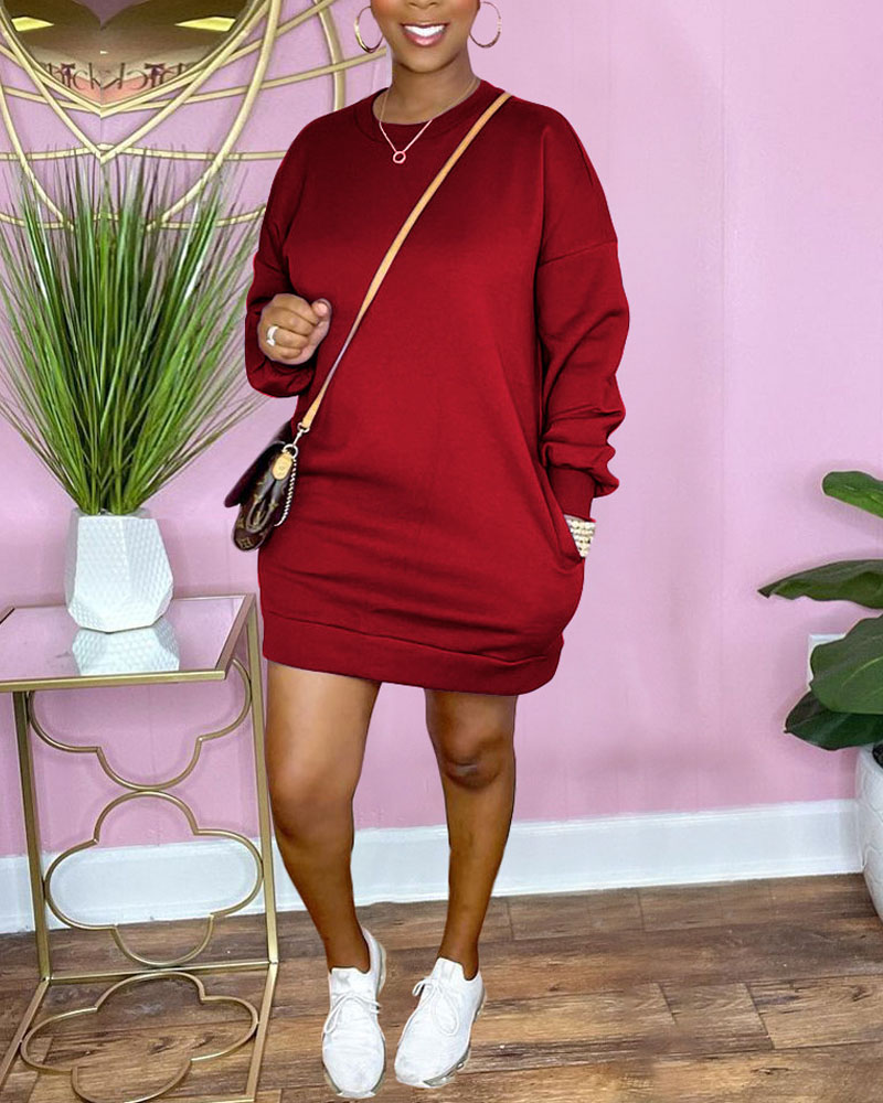 

Long Sleeve Pocket Detail Sweatshirt Dress, Red